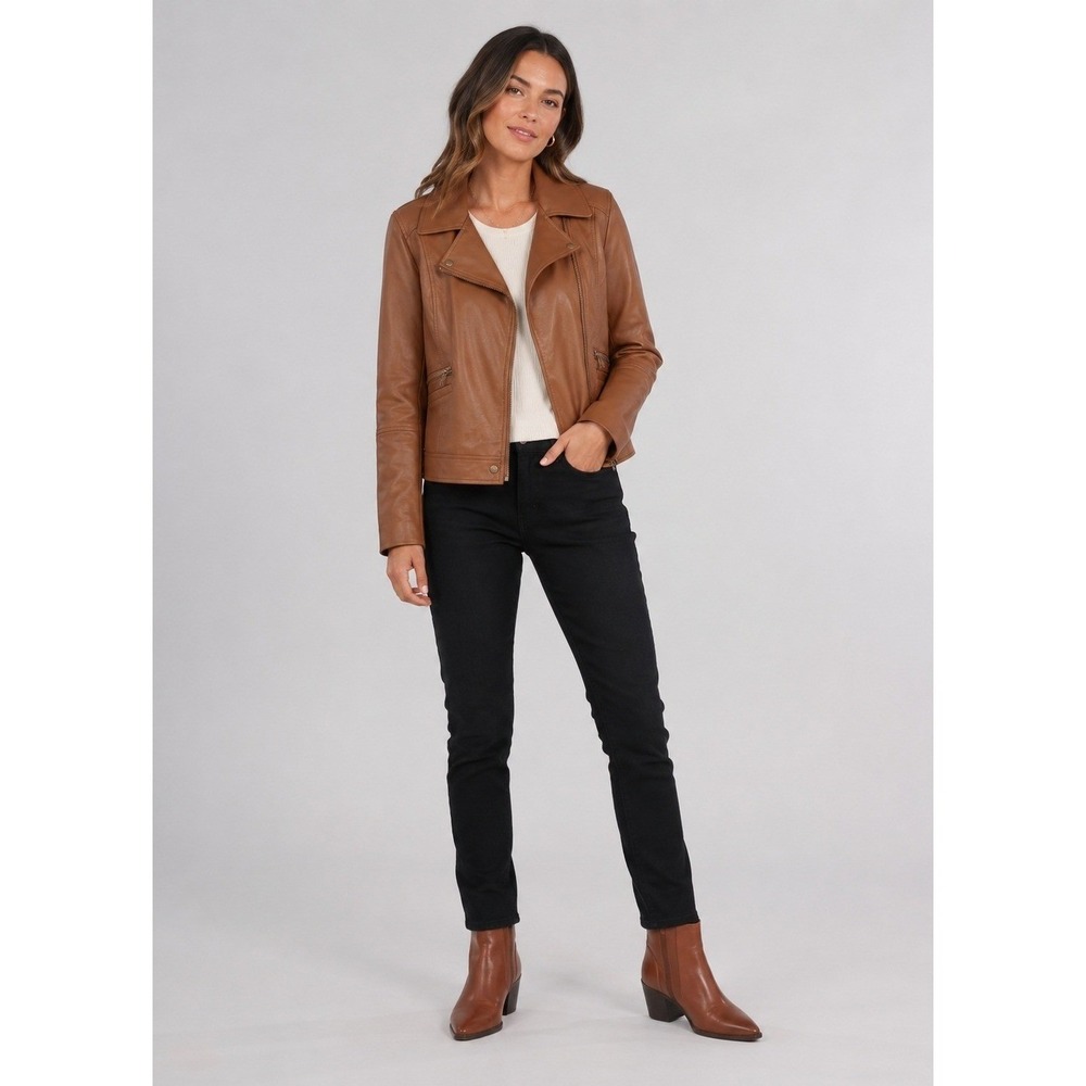 Takara Biker Jacket Juniors Large Brown Faux Leather Vegan Asymmetrical Pockets